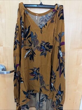 Mustard Floral V-Neck Long Sleeve Dress Free People